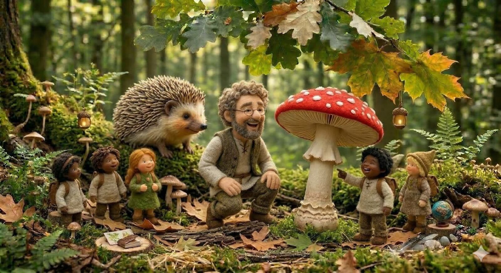 Lehrer mit Igel und Pilz